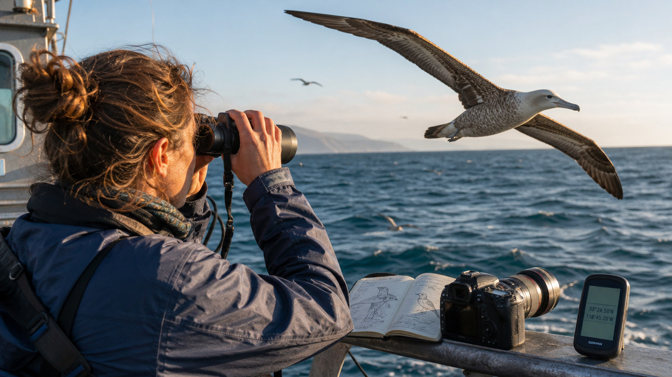 Pessoa observa pássaro marinho com binóculos a bordo de barco no mar ao pôr do sol, com câmera e guia de aves.