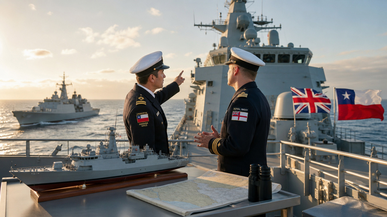 Dois oficiais navais em convés de navio, com bandeiras do Reino Unido e Chile, observam outro navio no mar ao pôr do sol.