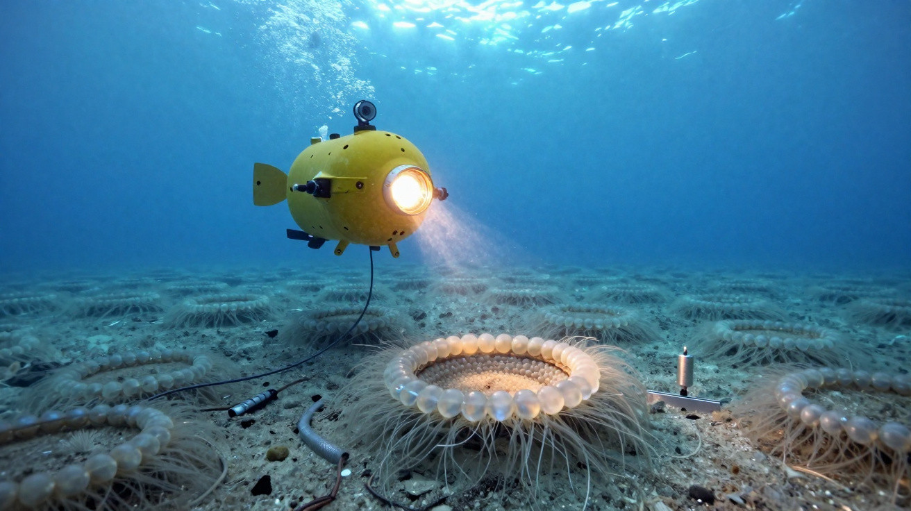 Veículo subaquático amarelo com luz a explorar círculos de esferas no fundo do mar.