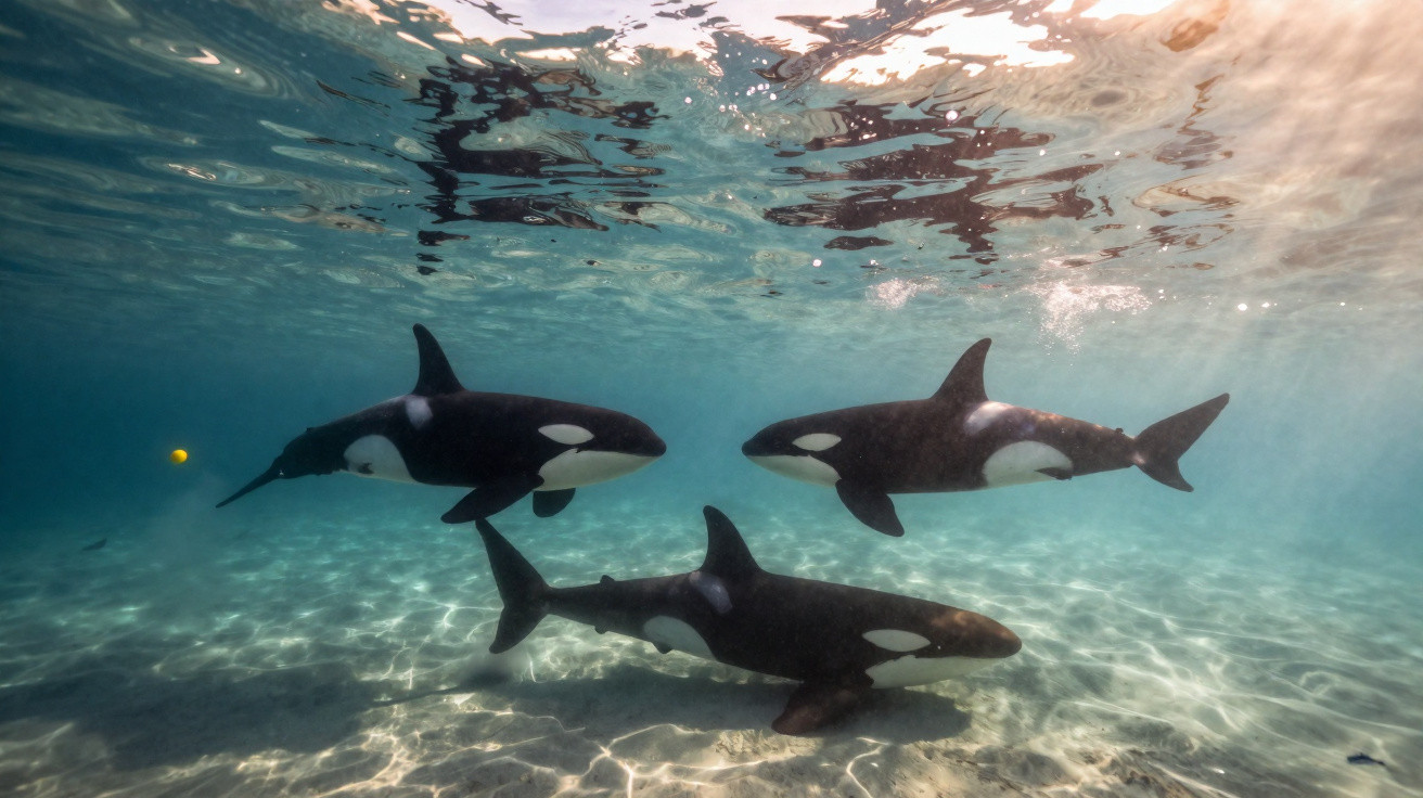 Três orcas nadando juntas em águas rasas e claras, com luz solar a penetrar na superfície.