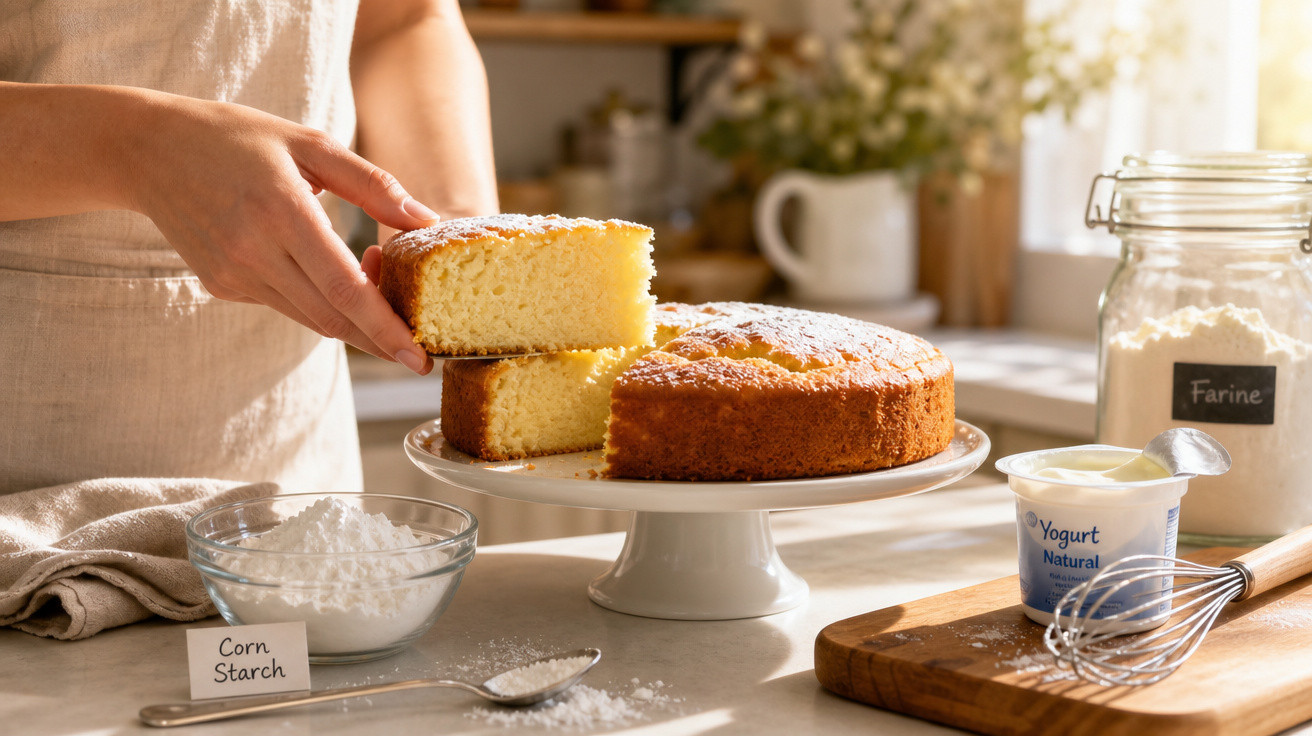 Pessoa a servir fatia de bolo húmido numa mesa com ingredientes de pastelaria à volta.
