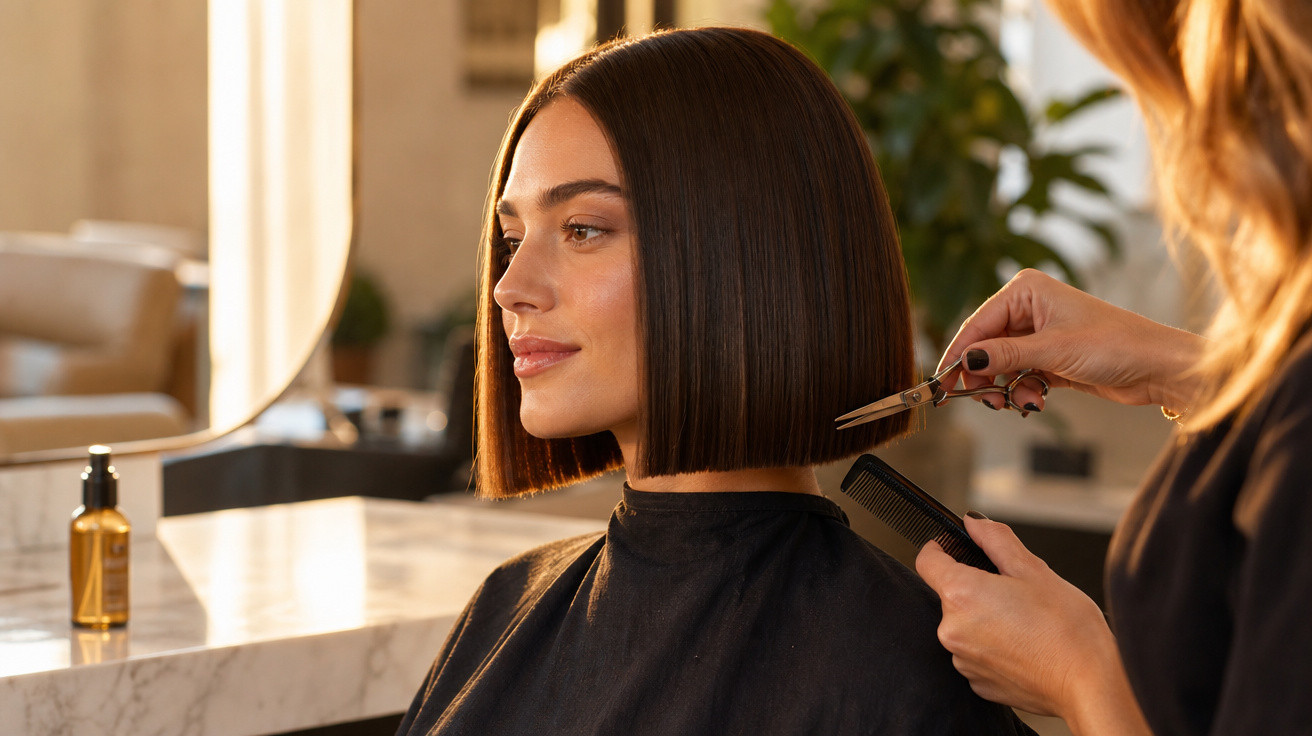 Mulher com cabelo curto a ser aparado numa cabeleireira, num salão iluminado e moderno.