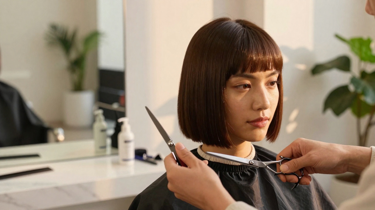 Pessoa com cabelo curto a receber corte de cabelo num salão de cabeleireiro.