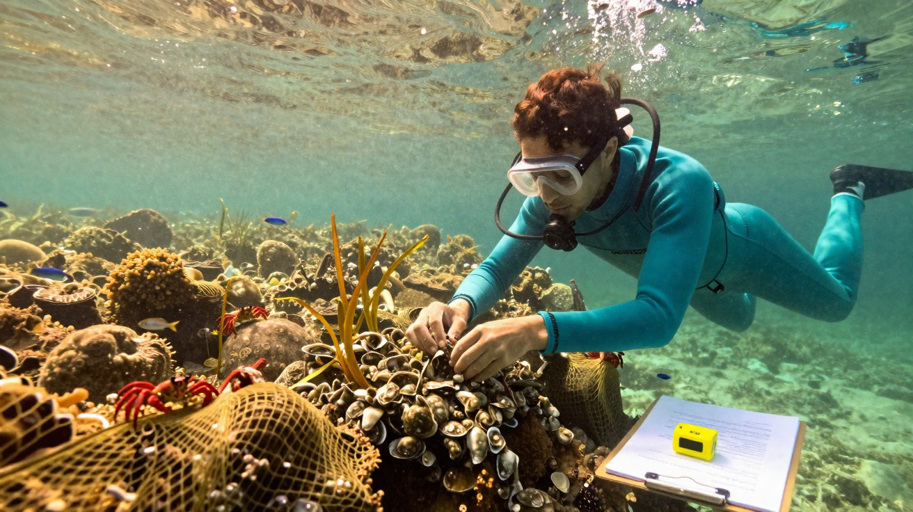 Mergulhador a estudar e recolher amostras marinhas num recife com corais, peixes e caranguejos.