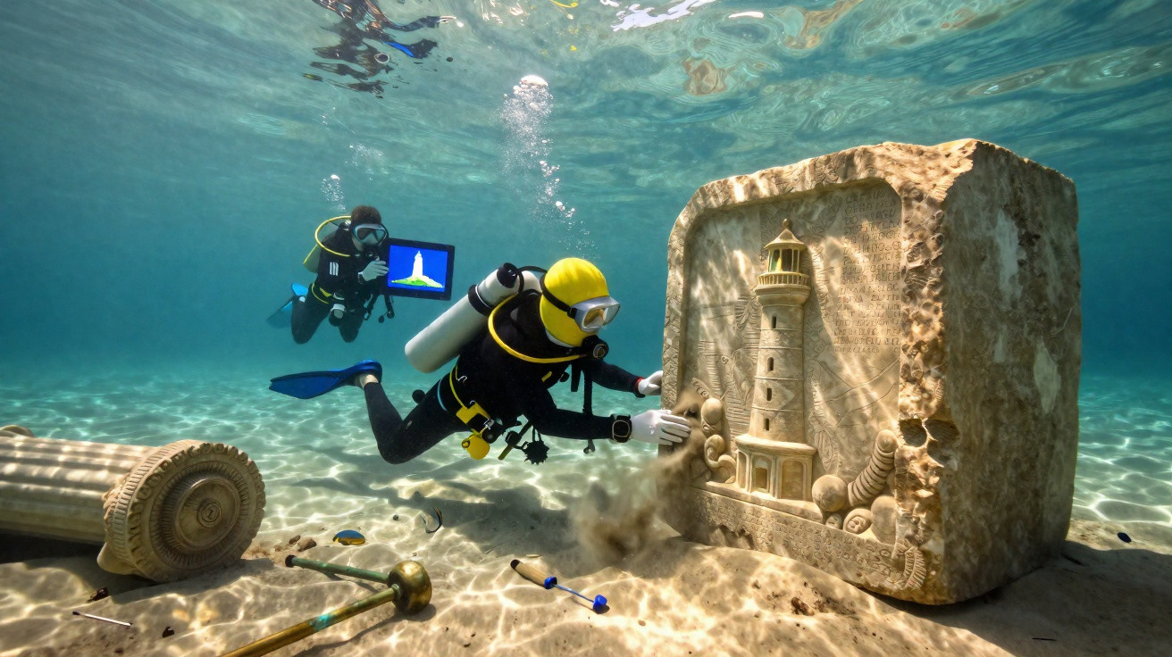 Mergulhadores exploram e limpam uma escultura subaquática com farol e símbolos antigos no fundo do mar.