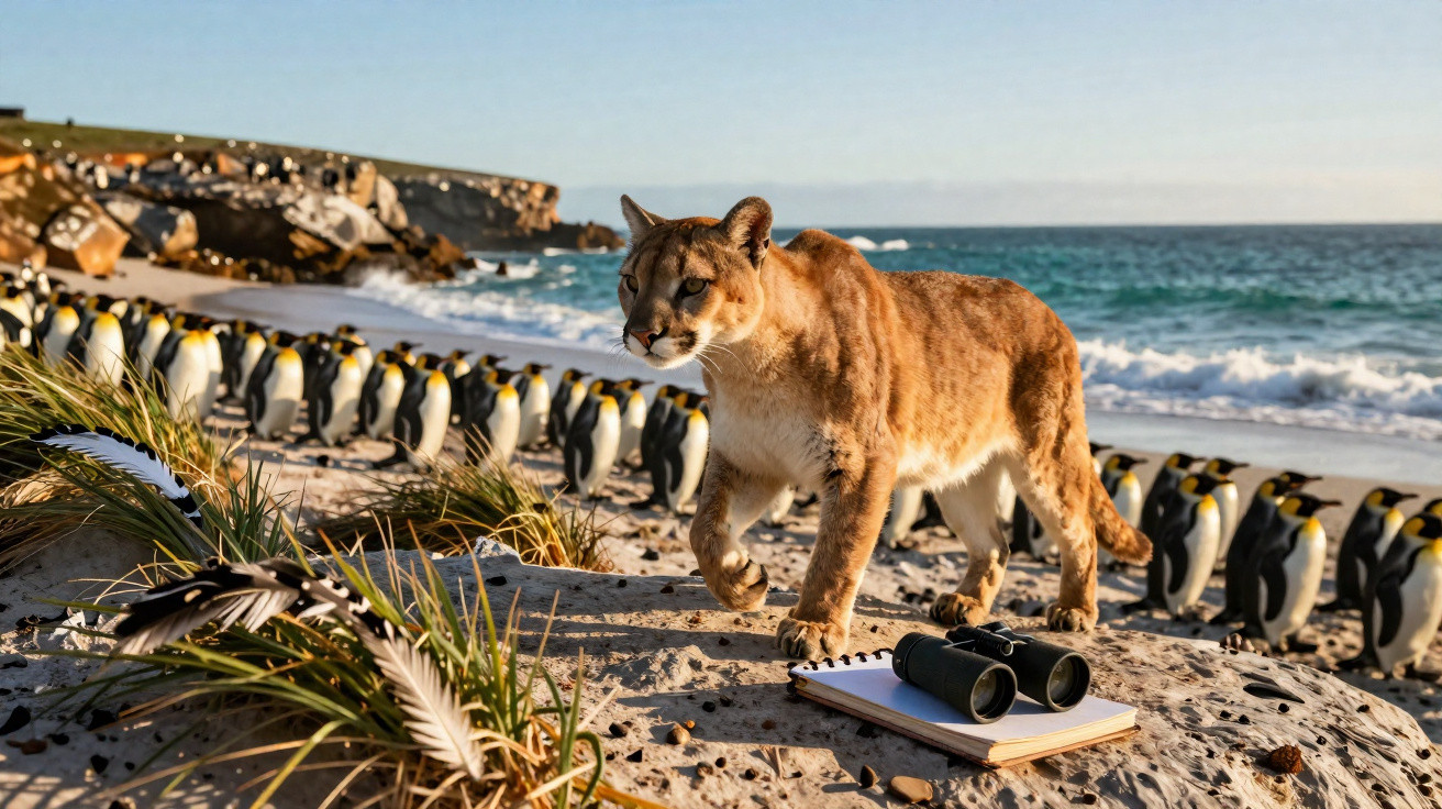 Puma a andar na praia perto de um bloco de anotações e binóculos, com uma fila de pinguins ao fundo.