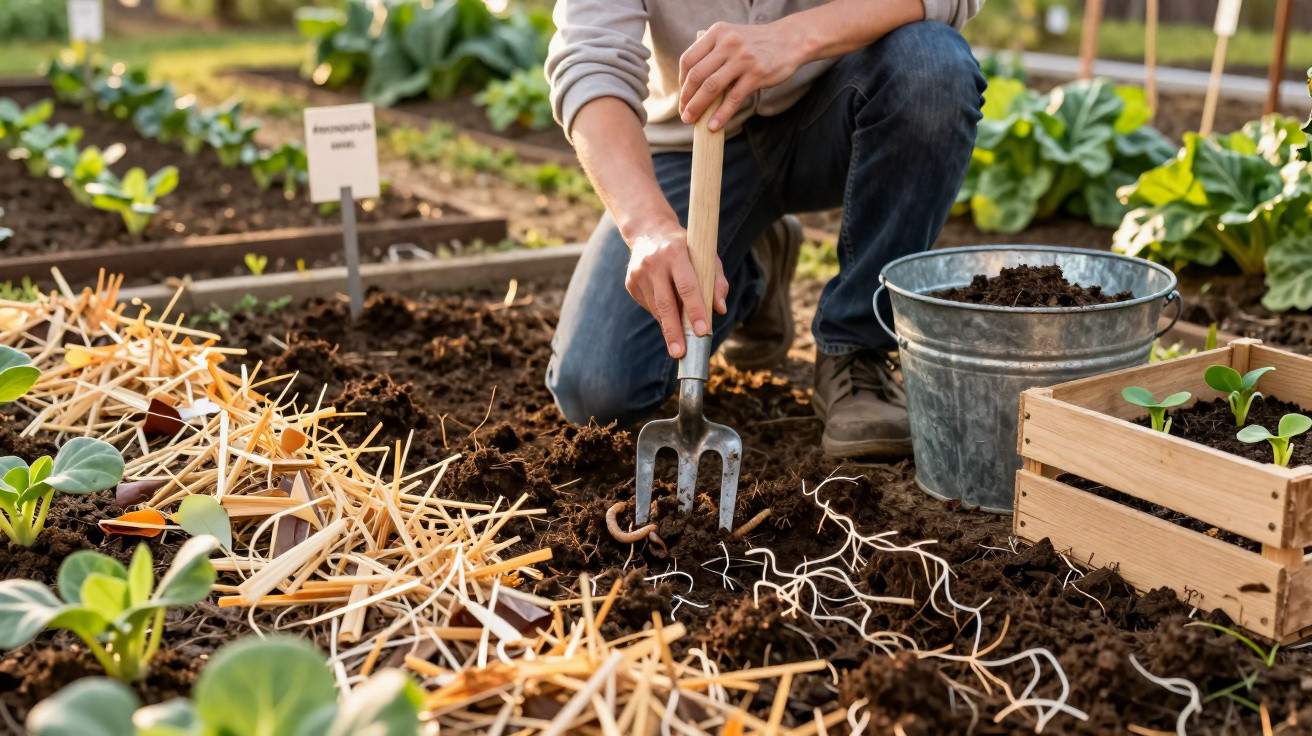 Pessoa a cavar terra num jardim com uma ferramenta de três dentes, ao lado de plantas e um balde de terra.