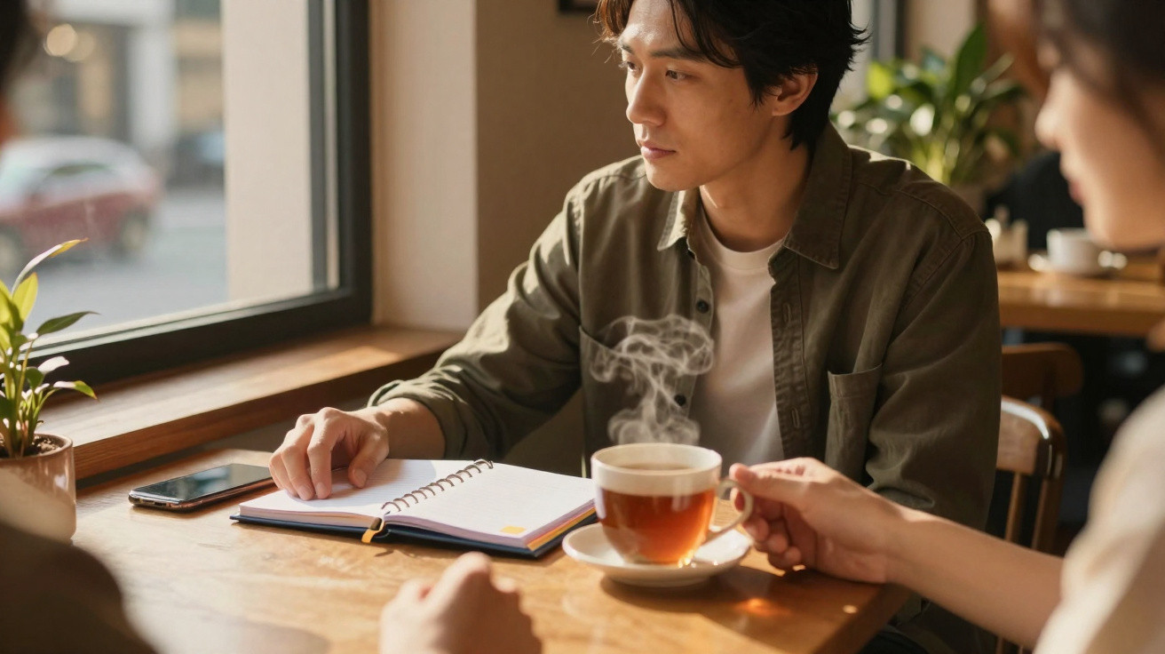 Homem sentado a ler um caderno numa mesa de café, com chá quente a ser oferecido por uma mulher.