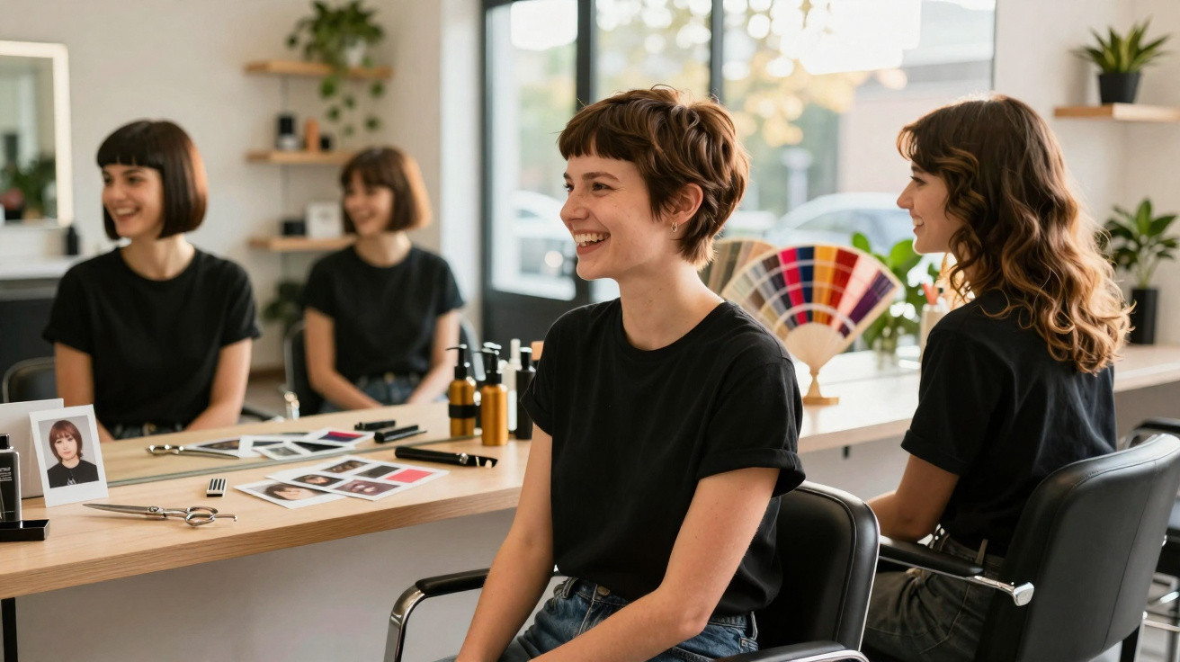 Mulher com cabelo curto e preto sentada num cabeleireiro, sorrindo enquanto conversa com cabeleireira.