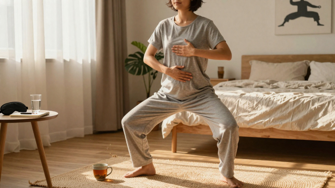 Mulher em pijama cinza a fazer exercício de respiração em quarto com cama e luz natural.