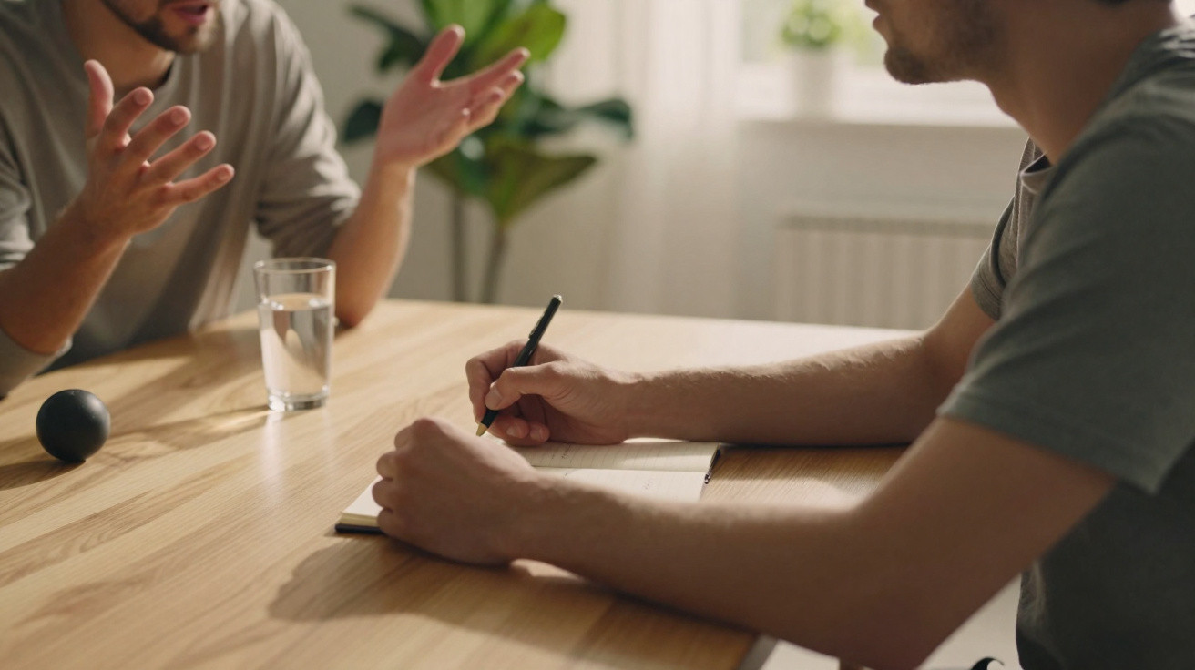 Duas pessoas numa conversa, uma a falar e outra a escrever num caderno à mesa de madeira numa sala.