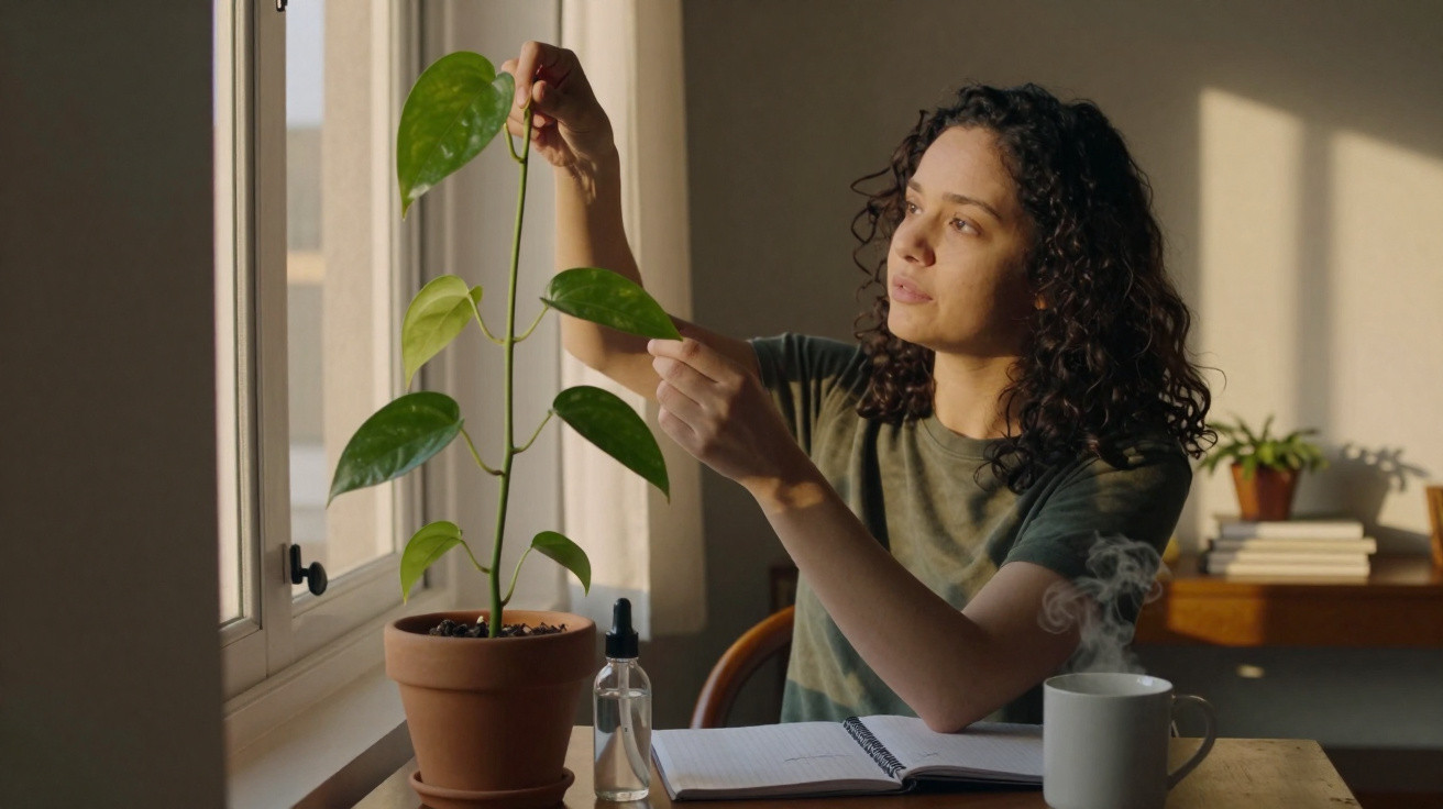 Mulher com cabelo encaracolado cuida de planta na janela, com caderno e chá na mesa.
