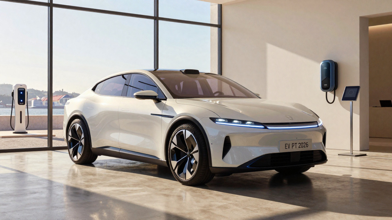 Carro elétrico moderno estacionado numa garagem minimalista com grande janela e estação de carregamento.