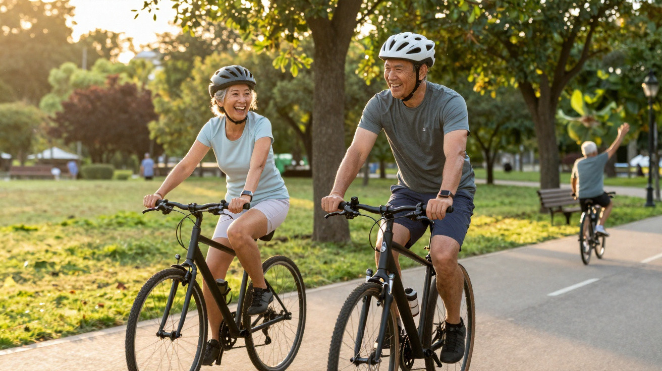 Casal sorridente de capacete a andar de bicicleta num parque ensolarado com árvores ao fundo.