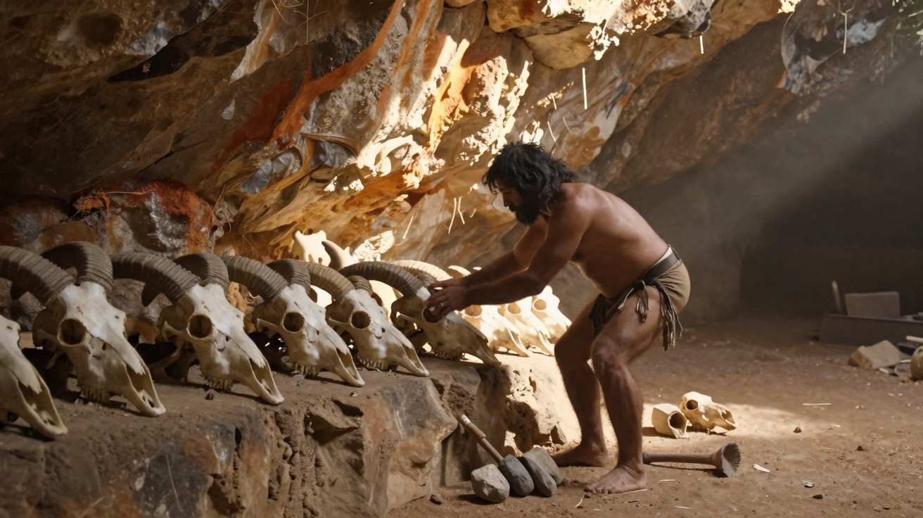 Homem pré-histórico em caverna organizando crânios de animais com chifres sobre pedra.