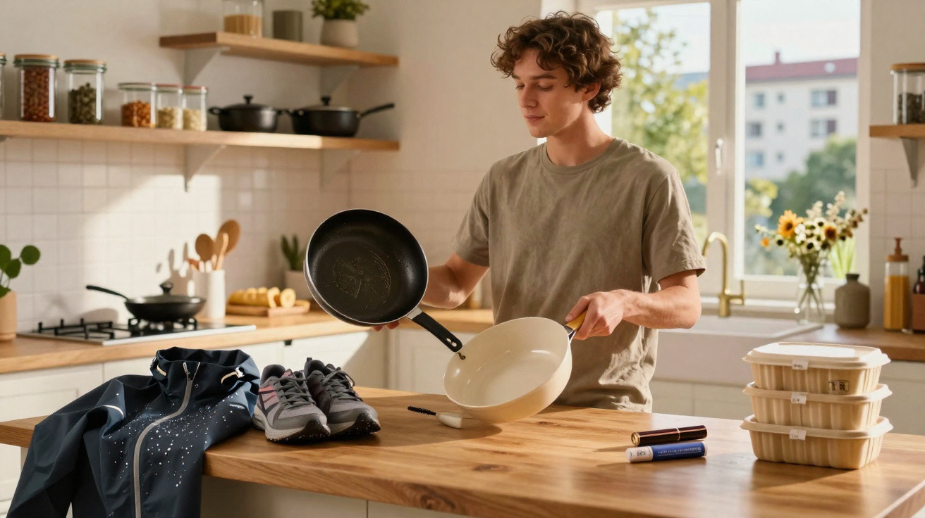Pessoa masculina na cozinha segurando duas frigideiras, com roupas e calçado sobre a bancada.