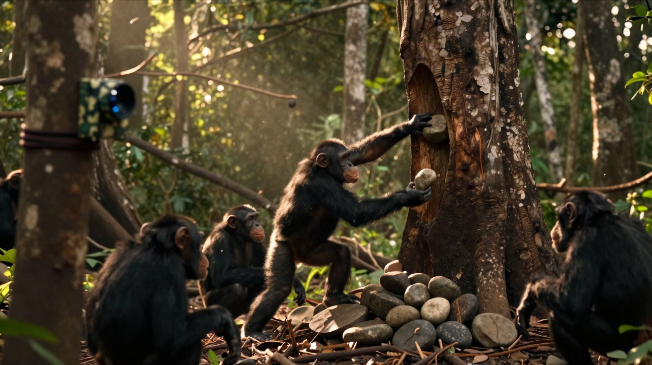 Grupo de chimpanzés ao redor de pedra, um a escalar árvore com pedras em volta, em floresta iluminada a entardecer.