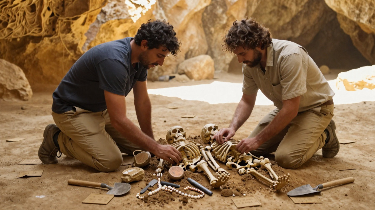 Dois arqueólogos a analisar esqueletos humanos numa escavação em caverna iluminada.