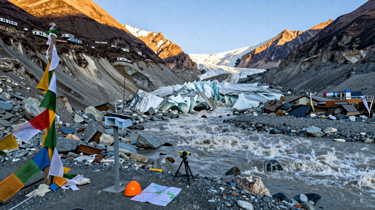 Rio caudaloso entre montanhas rochosas com glaciares ao fundo, bandeiras coloridas e equipamento de mapeamento à beira do rio