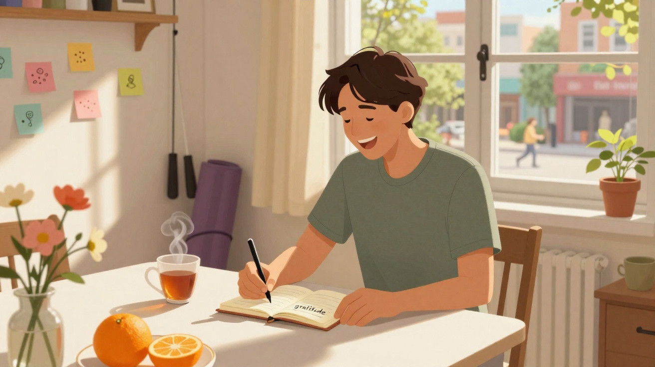 Jovem sentado à mesa a escrever num caderno com chá quente, fruta e flores perto da janela iluminada.