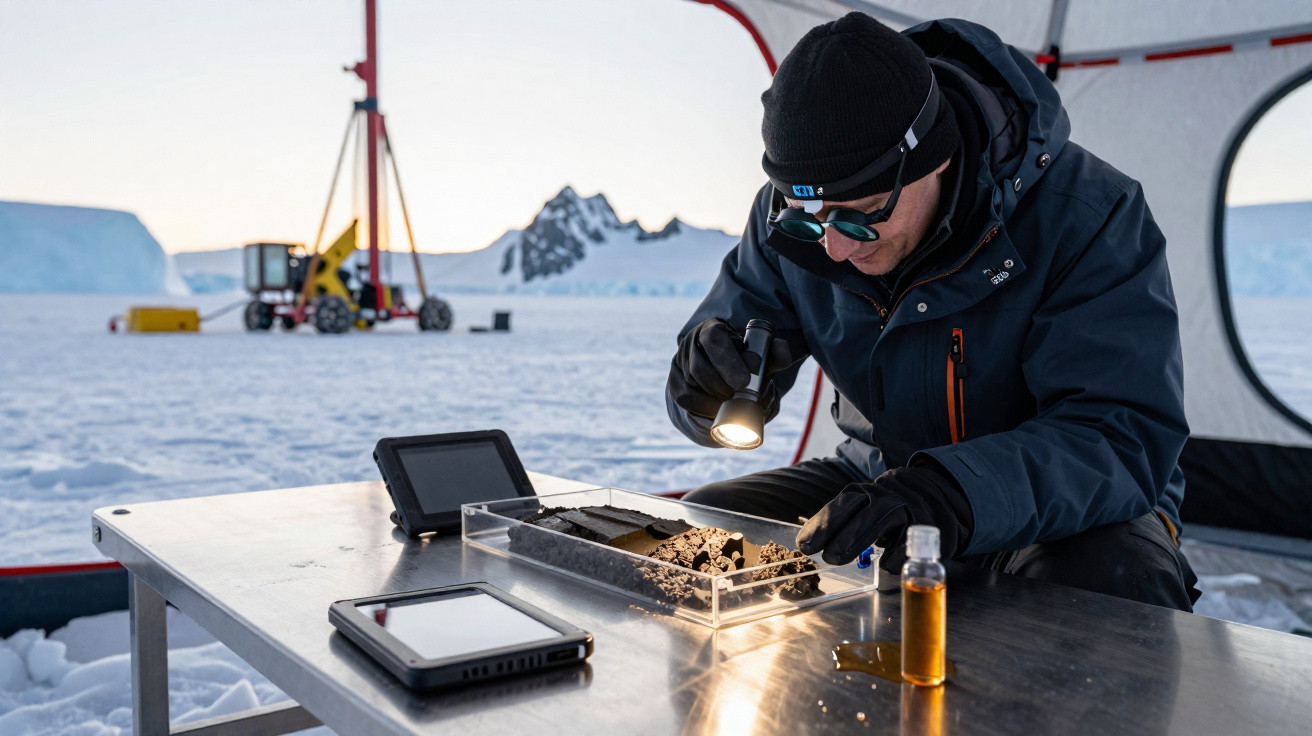 Cientista examina amostras de solo numa mesa metálica em ambiente frio e nevado, com equipamentos ao fundo.