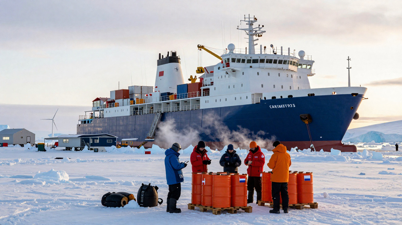 Equipa em roupas de frio junto a barris no gelo, com navio de exploração polar ancorado ao fundo.
