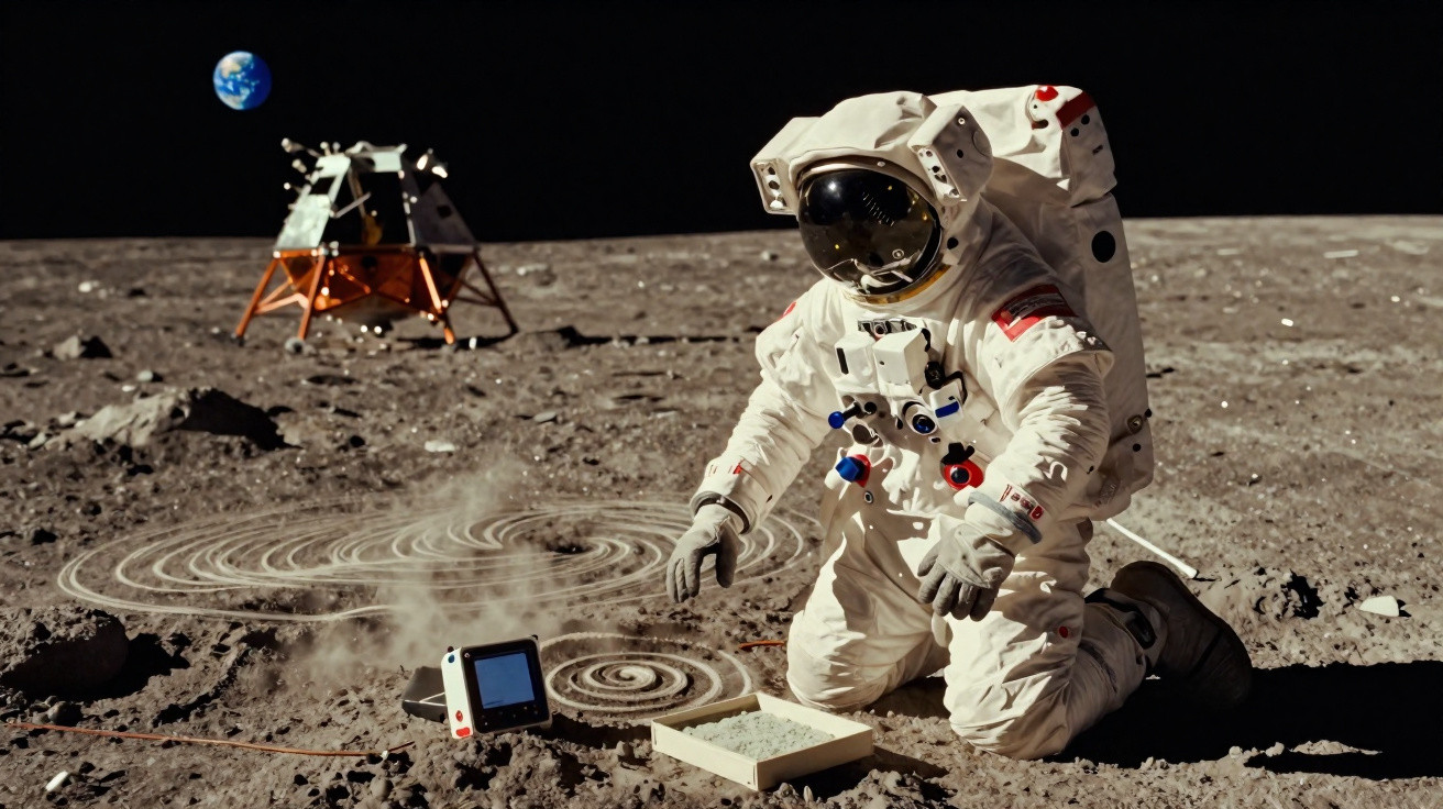 Astronauta em fato espacial branco ajoelhado na superfície lunar com módulo lunar e Terra ao fundo.