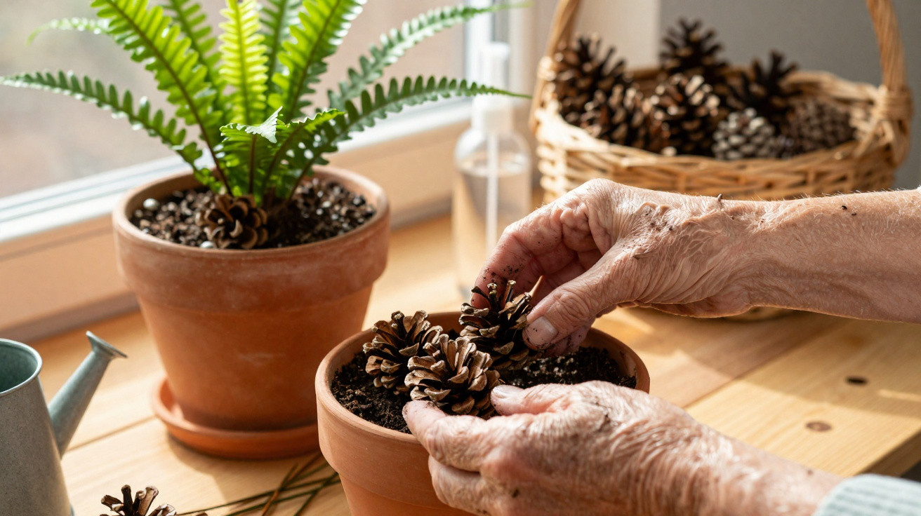 Mãos a colocar pinhas num vaso de barro ao lado de uma planta e regador numa mesa de madeira.