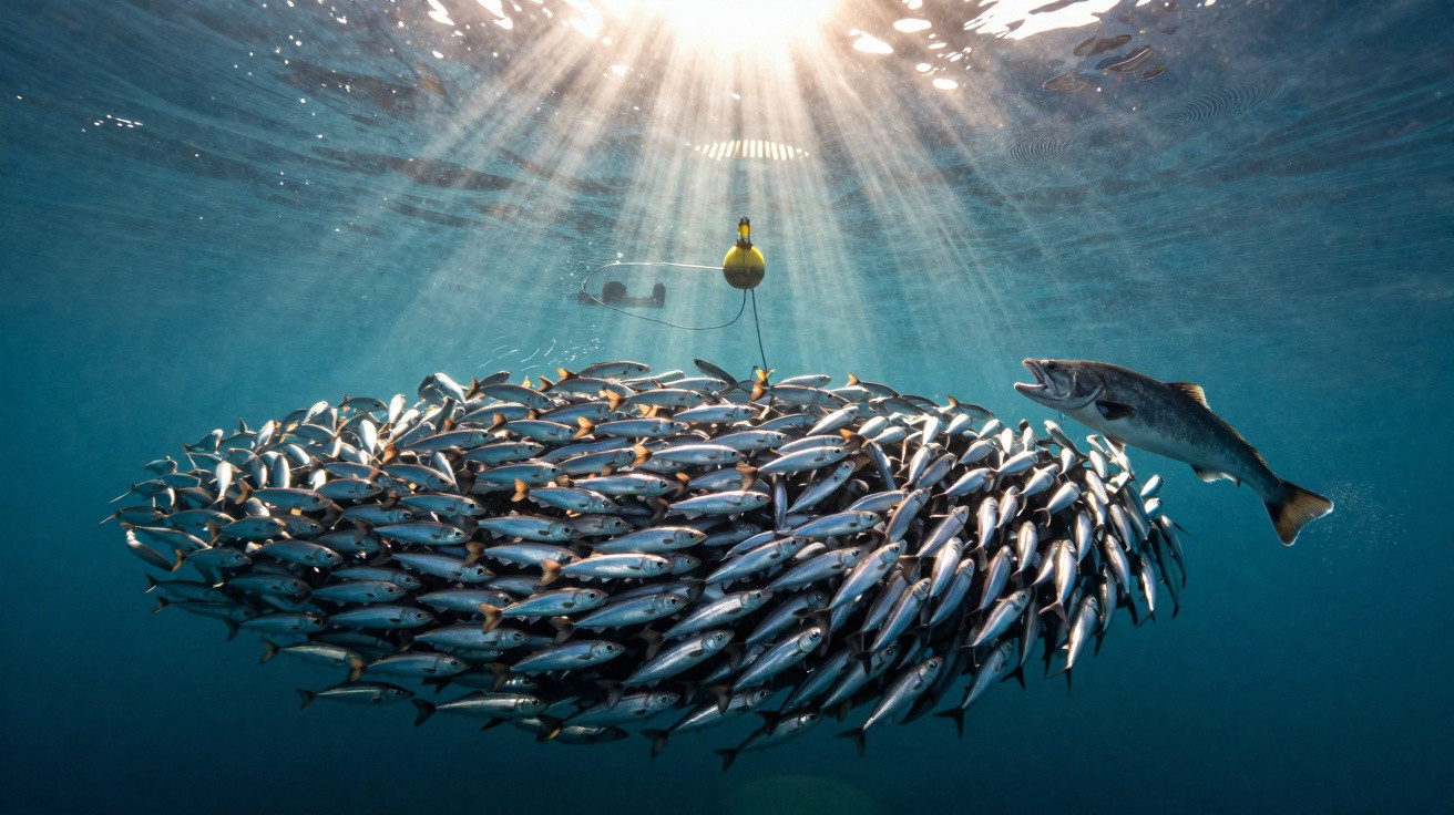 Cardume de peixes junto à superfície do mar, com barco de pesca ao fundo e luz solar a atravessar a água.