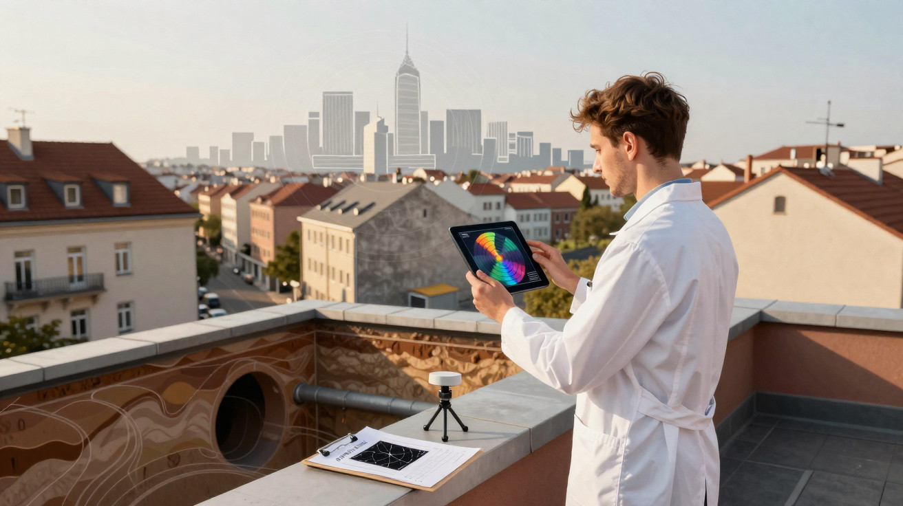 Homem de bata branca usa tablet para analisar dados tecnológicos numa varanda com vista para a cidade.
