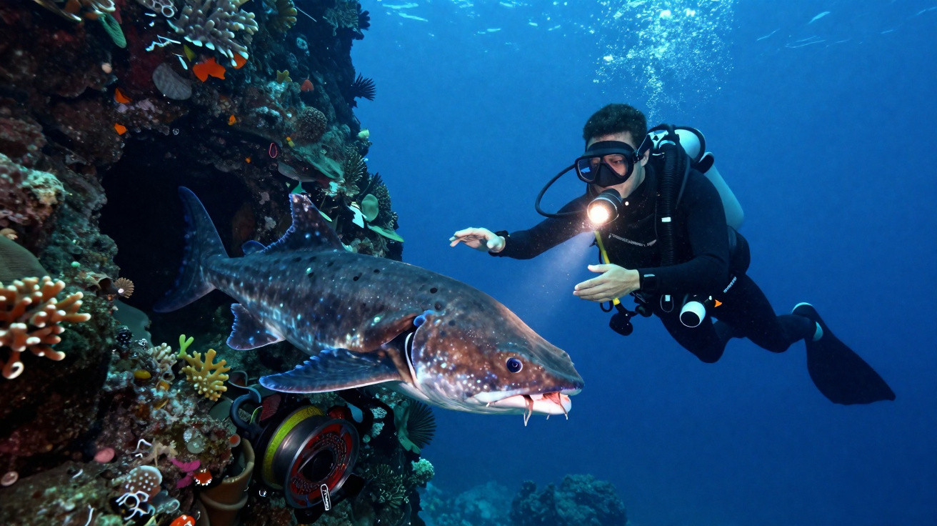 Mergulhador próximo de um tubarão a nadar junto a um recife de coral no oceano azul.