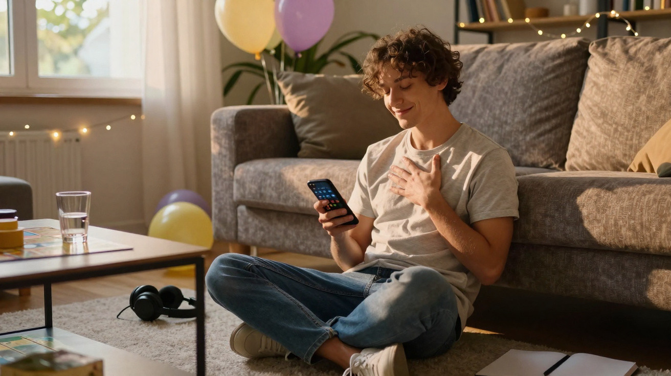 Jovem sentado no chão da sala, com smartphone na mão e expressão serena, rodeado por livros e auscultadores.