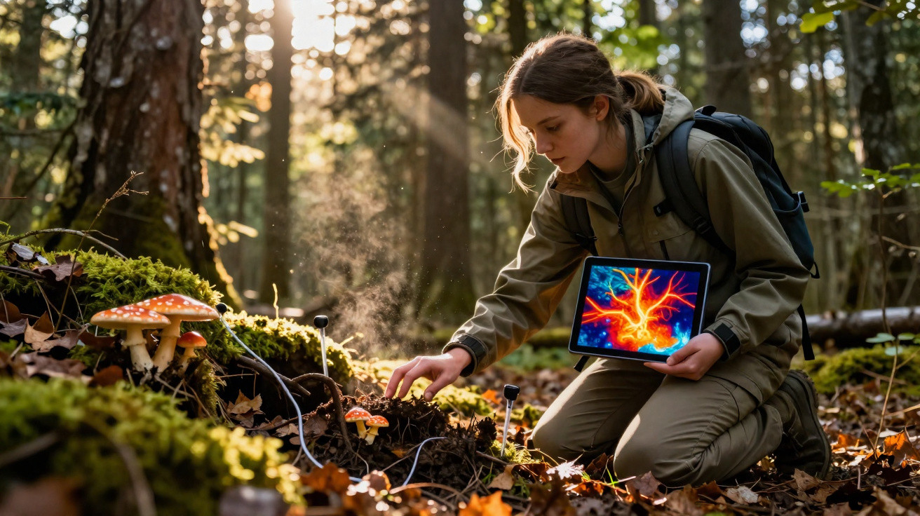Jovem com tablet observa cogumelos numa floresta, mostrando imagem térmica colorida na tela.