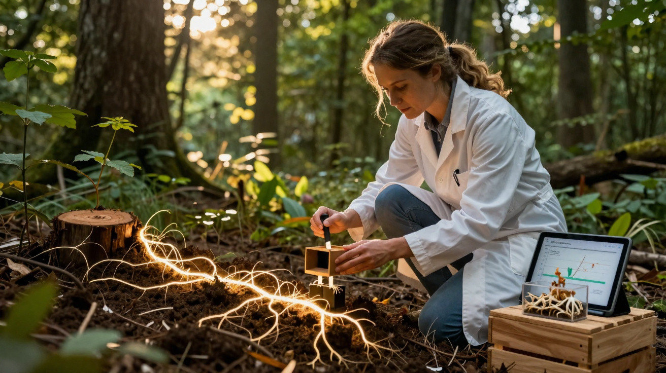 Cientista com bata branca analisa raízes iluminadas no solo de uma floresta, com tablet a mostrar gráficos ao fundo.