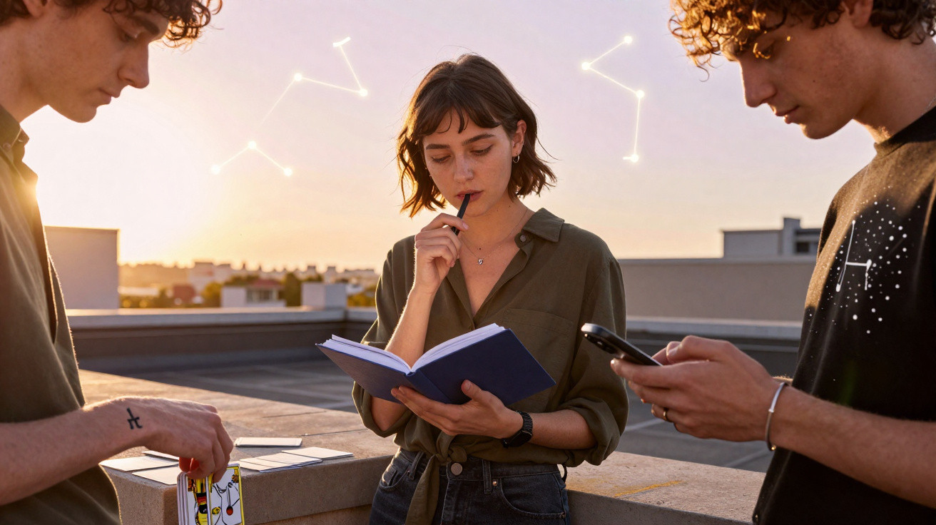 Três jovens numa varanda ao pôr do sol, um lê um livro, outro usa telemóvel e o terceiro olha cartas.