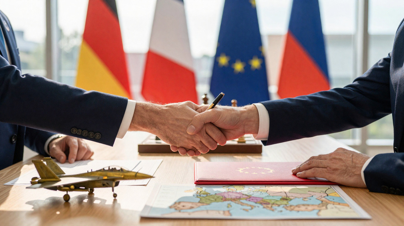 Troca de documento com símbolo da União Europeia entre duas pessoas com bandeiras da Alemanha, França e UE ao fundo.