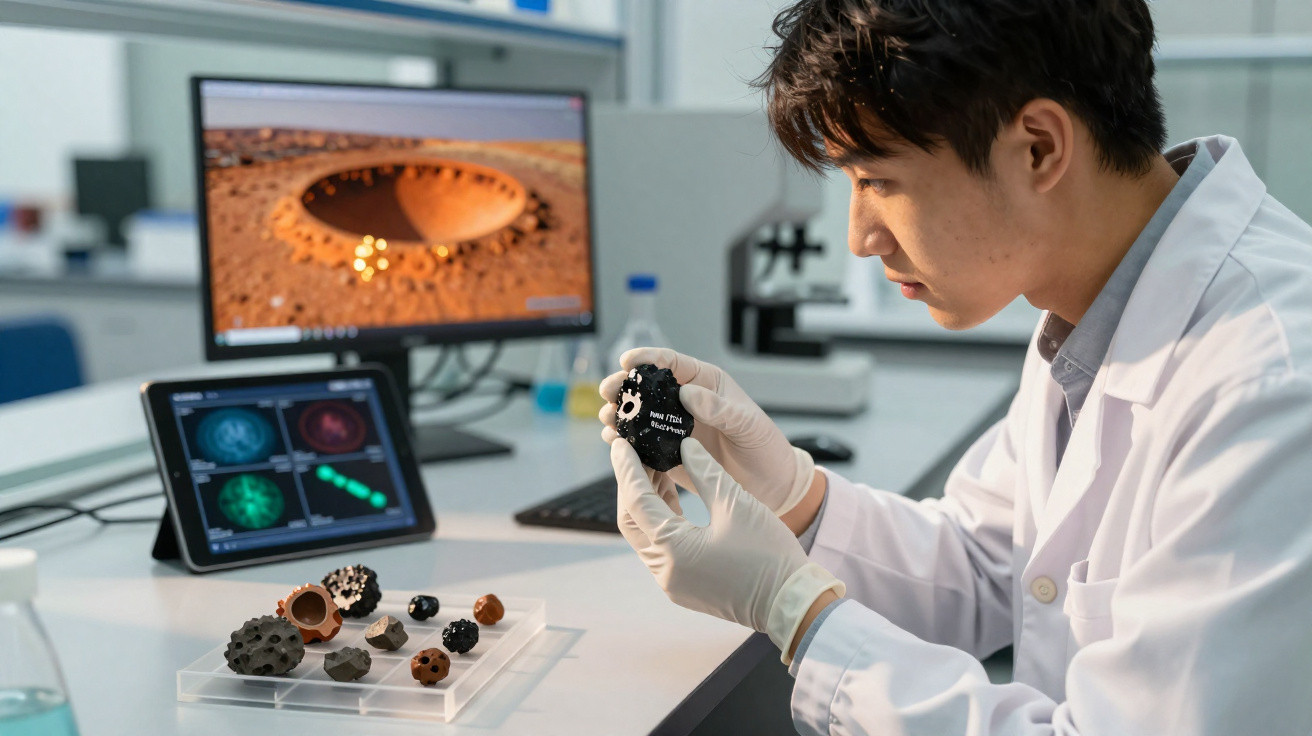 Cientista em laboratório a analisar uma rocha espacial com imagens de crateras em monitores ao fundo.