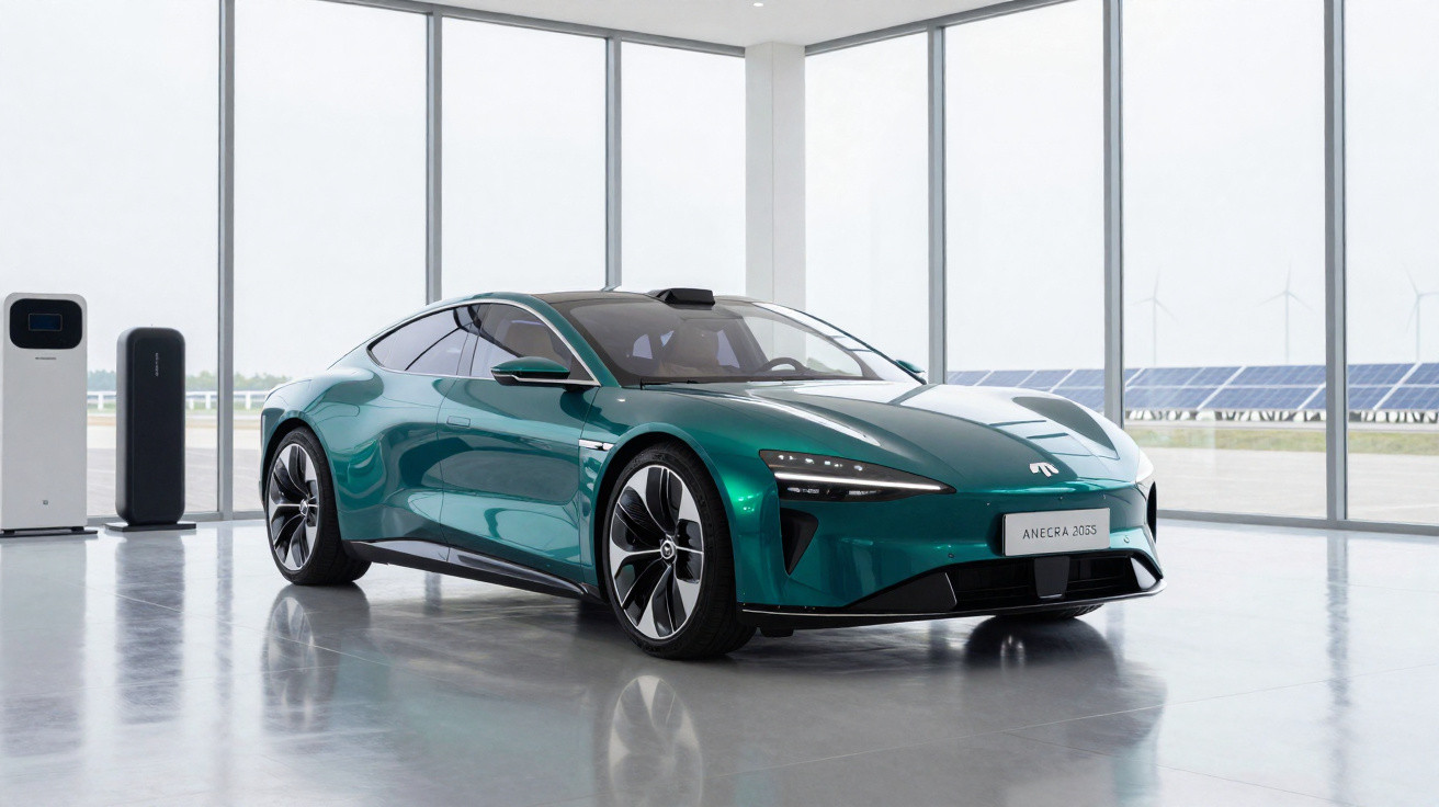Carro elétrico verde metálico estacionado em oficina moderna com painéis solares e turbinas eólicas ao fundo.