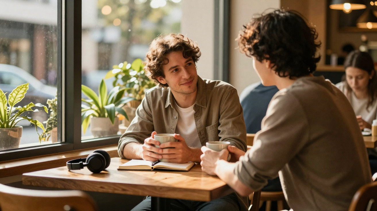 Dois amigos a conversar e beber café numa cafeteria com luz natural e plantas junto à janela.