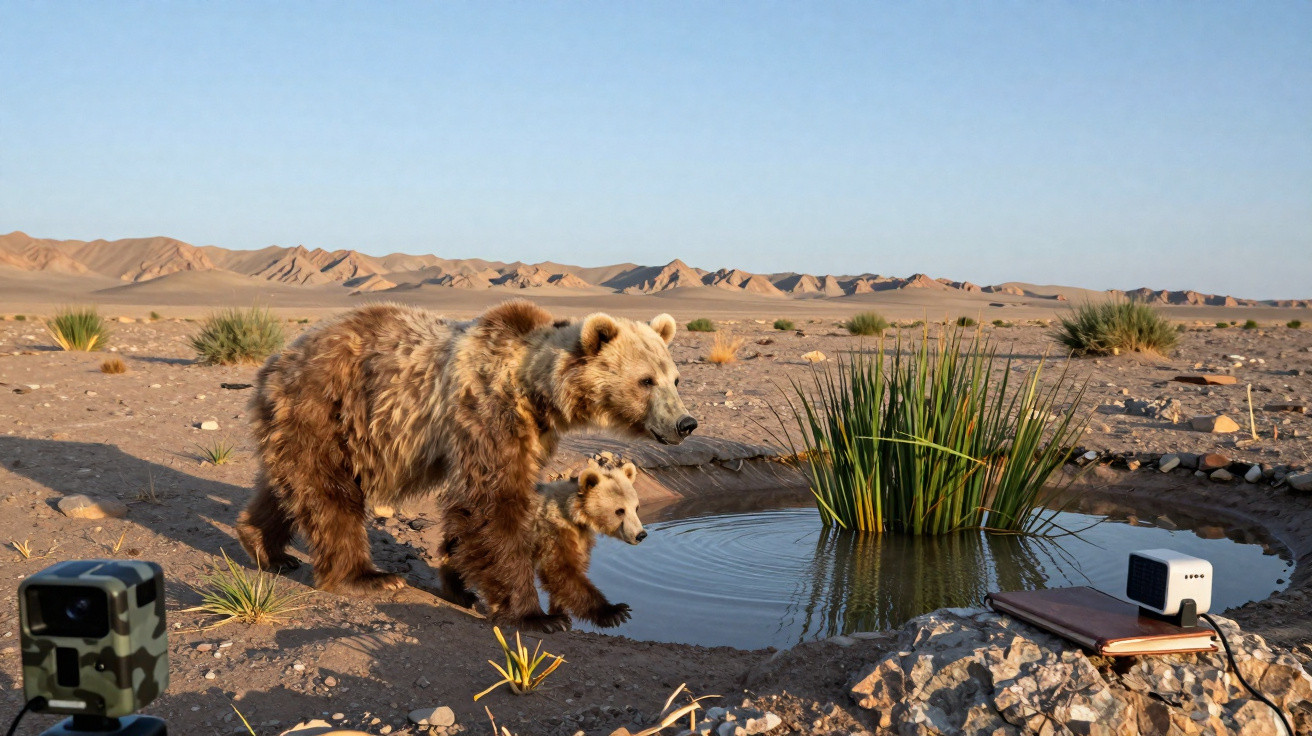 Ursa adulta e filhote junto a pequena poça de água no deserto rochoso com vegetação esparsa e equipamento de filmagem.
