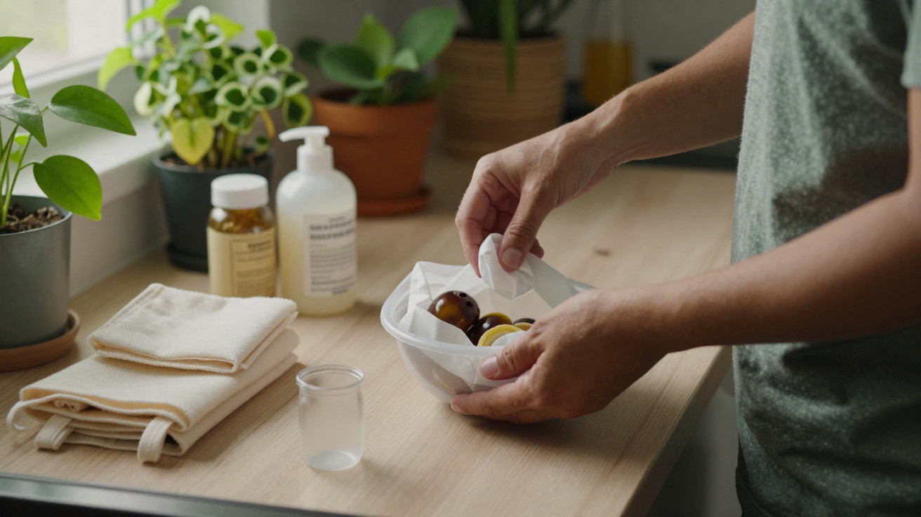 Pessoa a embrulhar pão num pano numa cozinha com plantas e produtos na bancada em madeira clara.