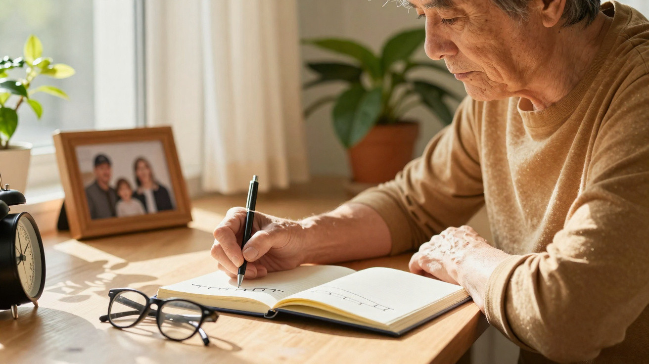 Idoso sentado à mesa a escrever num caderno aberto, com óculos e despertador na mesa iluminada pela luz natural.