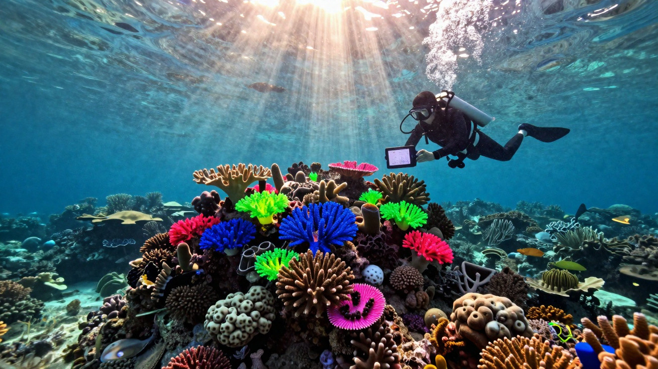 Mergulhador a examinar um recife de coral colorido sob luz do sol no oceano.