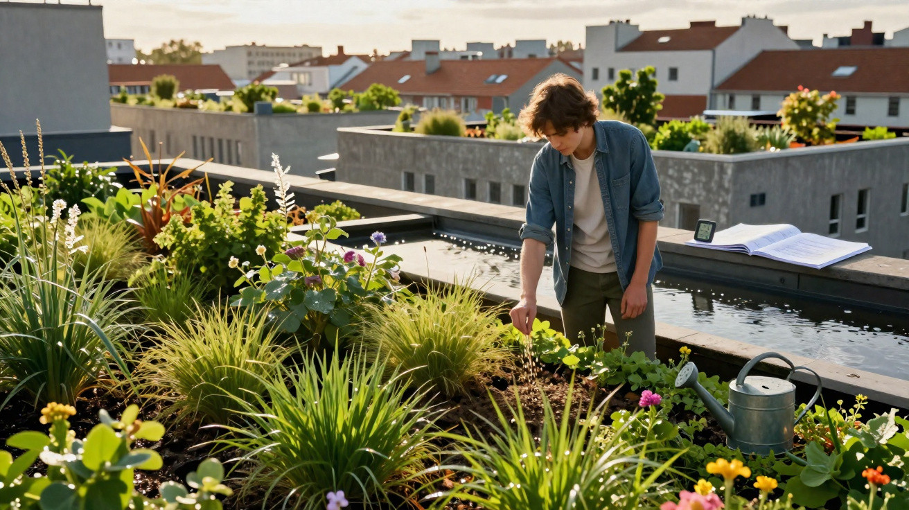 Homem a cuidar de plantas num jardim urbano num terraço com edifícios ao fundo ao entardecer.