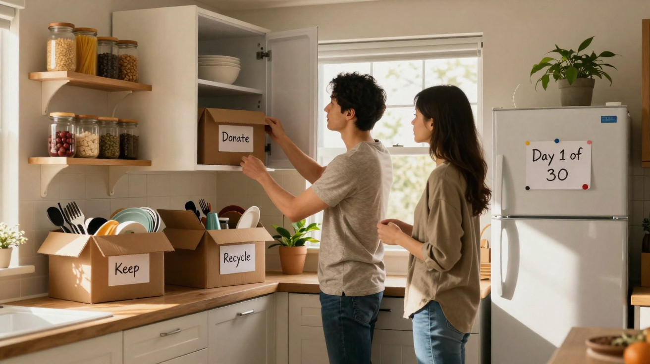 Homem organiza caixas etiquetadas em cozinha, incluindo doar, reciclar, vender e guardar, com papel na geladeira.