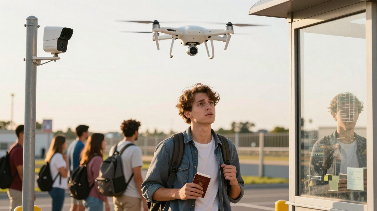Jovem com mochila e passaporte observa drone a voar perto de câmara de segurança num ponto de controlo.