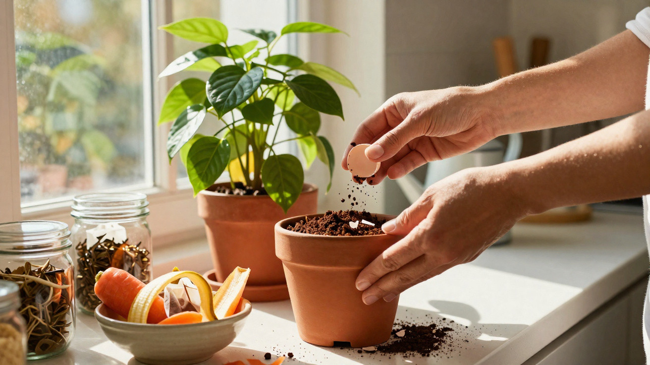 Mão a semear sementes em vaso de barro com terra numa cozinha iluminada por luz natural