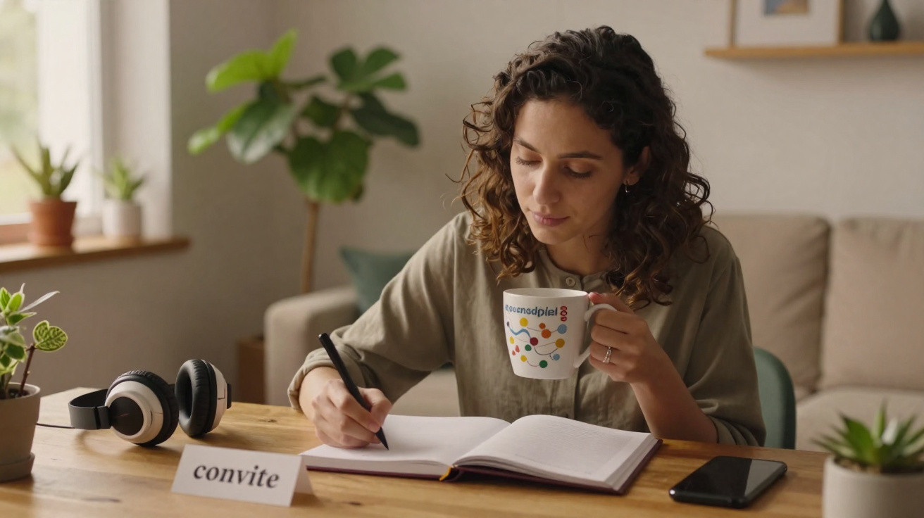 Mulher com camisola castanha a escrever num caderno e a segurar uma chávena, numa mesa com fones, livros e convite.