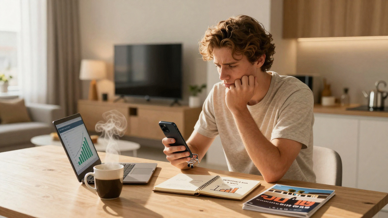 Homem sentado à mesa em casa a trabalhar com portátil, smartphone e cadernos de notas.
