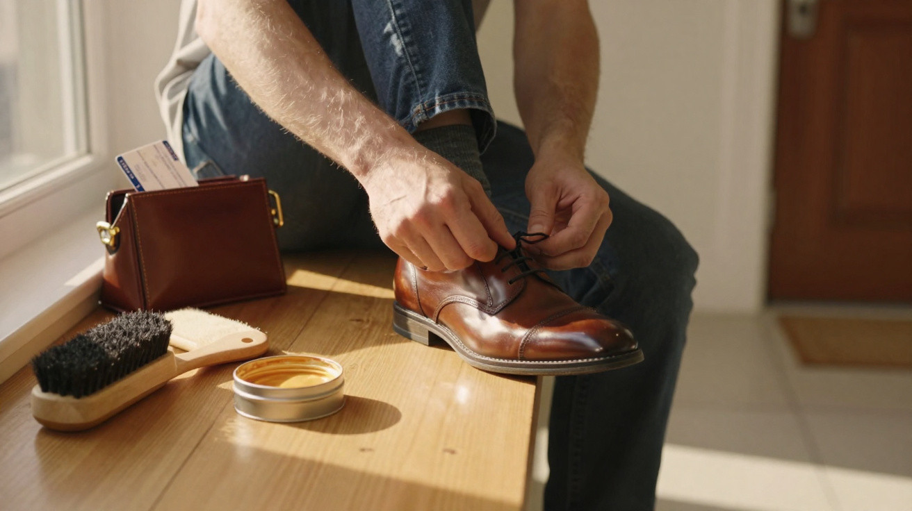 Pessoa a calçar sapatos castanhos, ao lado de escova, creme para sapatos e mala castanha sobre banco de madeira.